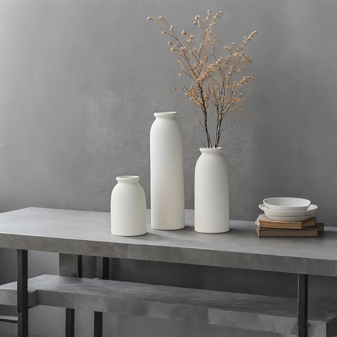 10.6 inches Tall Decorative Ceramic Vase Set, 3 Pieces, Nordic Modern Boho Style, White, for Home Decor (L White)