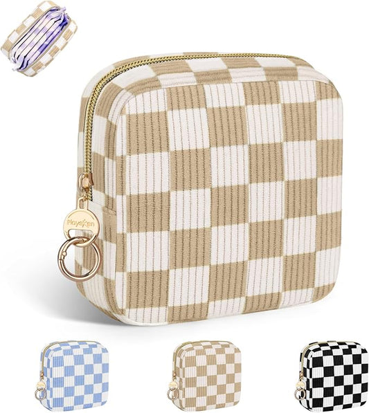 Checkered Period Bag for Teen Girls, Corduroy Sanitary Napkin Storage Bag with Ring Buckle, Cute Menstrual Pad Pouch Tampon Holder for Purse (Checkered-Khaki)