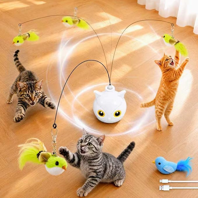CATPICK Interactive Cat Toy for Indoor Cats, Automatic Flying Bird Toy | Rechargeable 360-degree flying bird wand with 2 speeds, touch restart, 10-minute play cycle, and washable sticky base