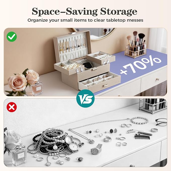 Jewelry Organizer Box, Large Jewelry Boxes for Women Girls, Space-Saving 3 Layers Jewelry Storage Case with Drawer, Movable Metal Stand, Modern, Gift Idea (Champagne)