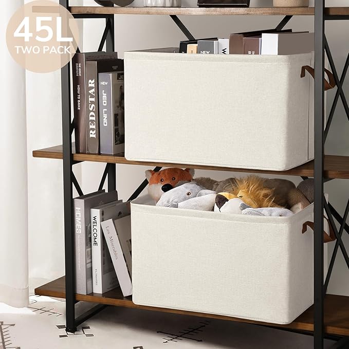 CHICVITA Extra Large Fabric Storage Baskets, Metal Frame, 2-Pack, Beige | 45L, 19" L x 13" W x 11" H, Collapsible Design, Toys, Blankets & Clothes Storage, Closet, Bedroom & Living Room Organization