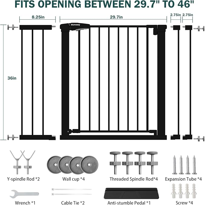 Mumeasy 36" Extra Tall Dog Gate, 29.7-46" Baby Gate for Stairs & Doorways