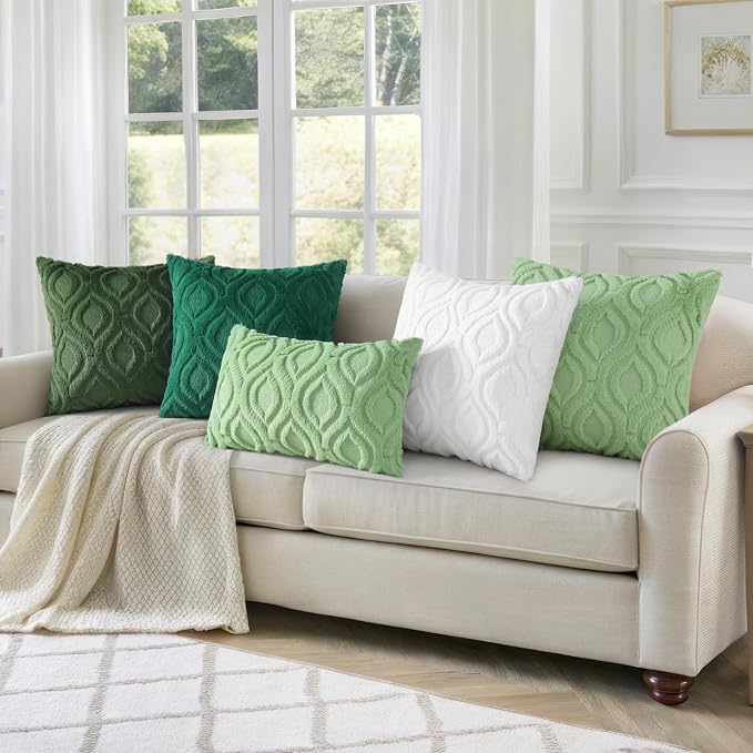 decorUhome Faux Fur Plush Soft Green Throw Pillow Covers 20x20 Set of 2 | Plush Solid Fall Couch Pillow Covers, Accent Modern Farmhouse Neutral Decorative Square Pillow Cases for Sofa Bed Living Room