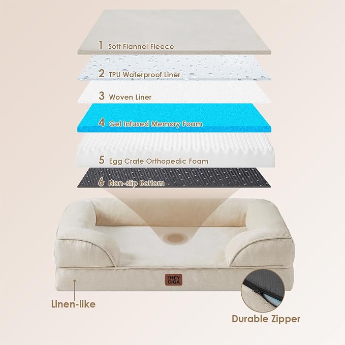 EHEYCIGA Orthopedic Dog Beds Large Sized Dog, Waterproof Washable Pet Bed | Non-Slip Bottom and Egg-Crate Memory Foam XL Dog Couch Bed with Washable Removable Cover, Beige