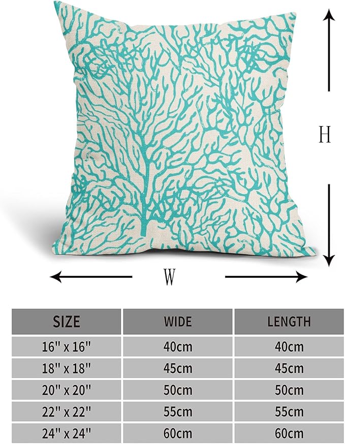 Nautical Coastal Coral Pillow Covers 16x16 Inch Set of 2 Summer Ocean Beach Teal Turquoise Decorative Pillow Cases Outdoor Linen Cushion Cover Farmhouse Decor for Bedroom Home Sofa Couch Bed