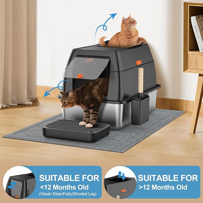 Lobeve Extra Large Stainless Steel Litter Box with Lid, Easy-Clean Pan | Enclosed Litter Box with Leak-Resistant Design, High Sides, Front Entry and Top Exit; Odor Control, Scoop and Mat Included