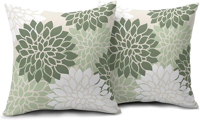 Sage Green White Floral Pillow Covers 24X24 Inch Set of 2 Geometric Dahlia Flower Decorative Pillow Cases Modern Cotton Linen Cushion Case Farmhouse Home Decor for Sofa Couch Bedroom