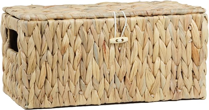 ORDELITE Water Hyacinth Wicker Storage Basket with Lid, Medium | Built-In Handles, Shelf Organizer Bin, Rectangular Woven Box, Multipurpose Home Storage, Natural Decor