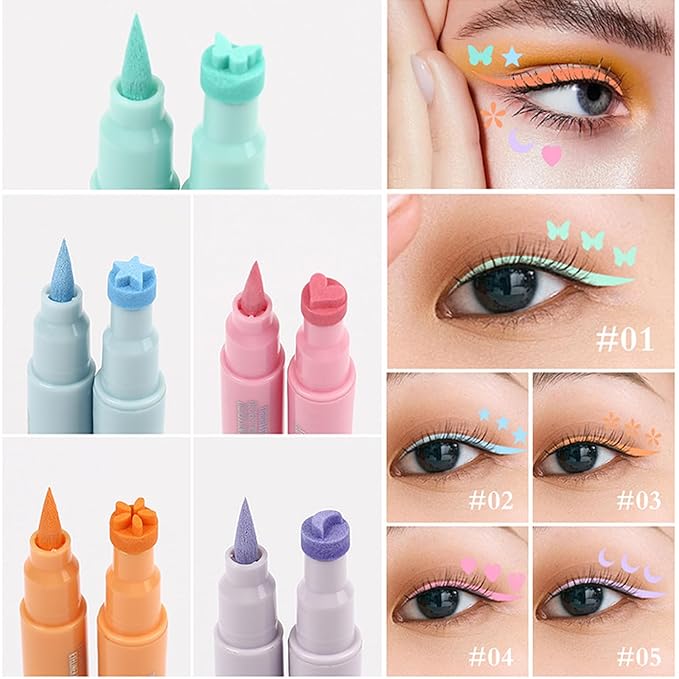 COOL STORY 5 pcs Liquid Stamp Eyeliner - Waterproof Colored Felt Tip Eyeliners, Face Stamp Double Head Glossy Eye Liner with Star, Heart, Moon, Butterfly Stamps - Mixed Color Slim Wingliner