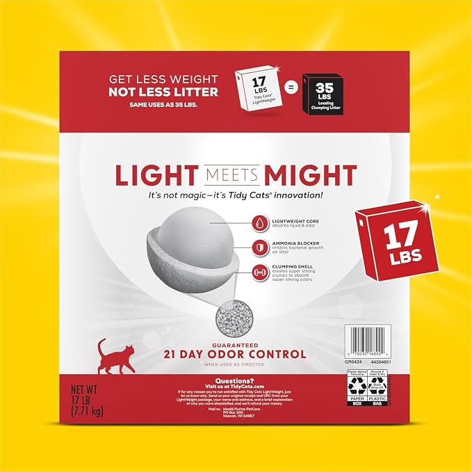 Purina Tidy Cats LightWeight Clumping Multi-Cat Litter, 17 lb Box | Easy to carry, 24/7 odor control, clean linen scented, 99.9% dust-free.