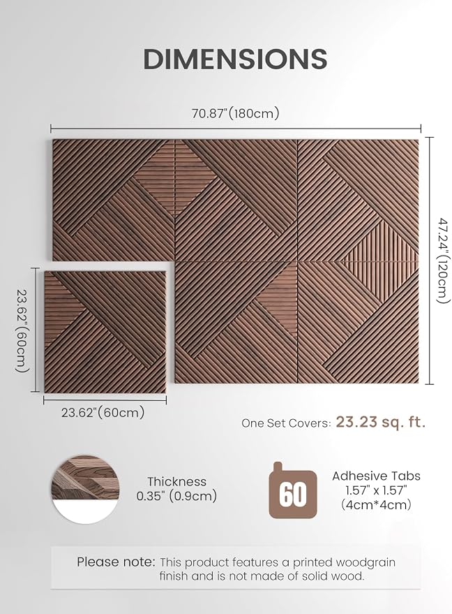 Fluxynara 6-Pack Large Felt Bulletin Board, Walnut Diamond | 70.87" x 47.24" Cork Board Alternative, Acoustic Wall Panels with 60 Adhesive Tabs for Recording Studios and Home Offices