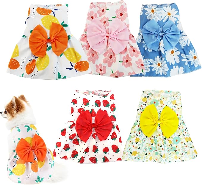 5 Pcs Dog Dresses Floral Puppy Cat Pet Dresses Dog Bowknot Dresses for Large Dogs Girls Puppy Summer Floral Skirts Outfits Cute Princess Pet Dress for Female Yorkie Cats Dogs Pets