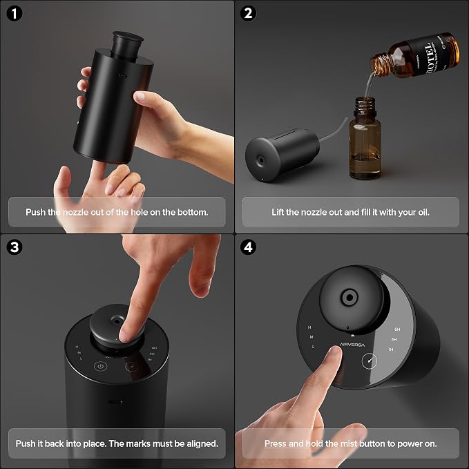 Airversa Waterless Essential Oil Diffuser Starter Kit with 4 x 10mL Fragrance Scent Oil, Battery Operated Mini Scent Air Machine Portable Diffuser for Home Car Office, ANX Black