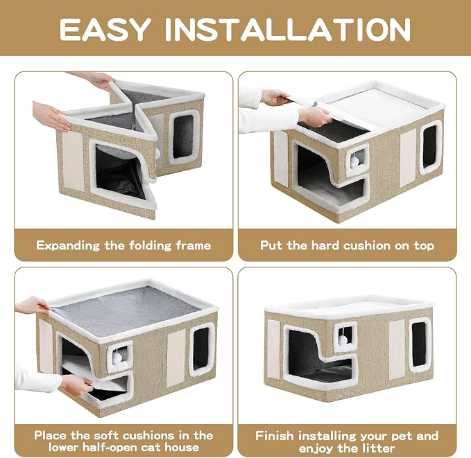 Large Cat Houses for Indoor Cats, Extra Wide Covered Cat Cave Bed with Scratch Pad and Fluffy Ball, Foldable Cat Hideaway Condo for Large Cats, Modern Kitten Bed,23x16x13 inches (Khaki‌, XL)