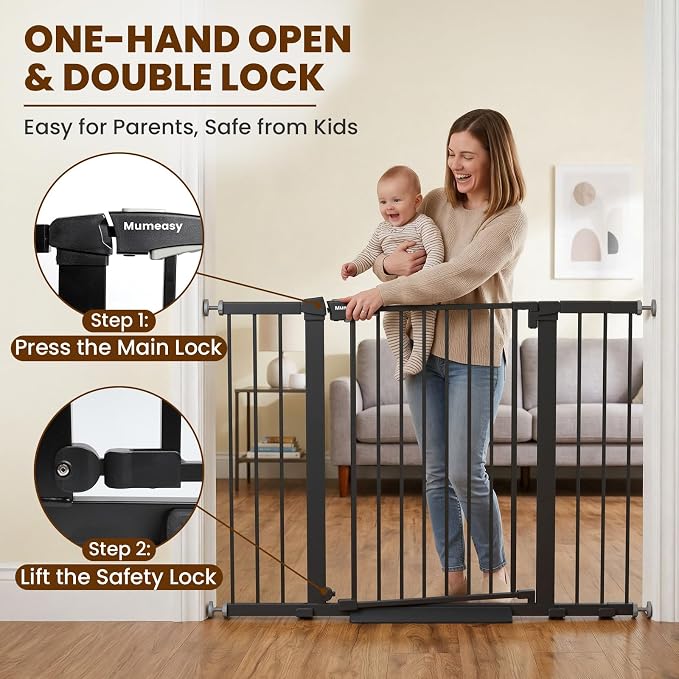 Mumeasy 29.7-48" Baby Gate for Stairs, Pressure Mounted Dog Gate for Doorways, Extra Wide Walk Thru Safety Pet Gate for Doors with Auto Close, Easy Install Child Gate for Hallway Indoor House, Black