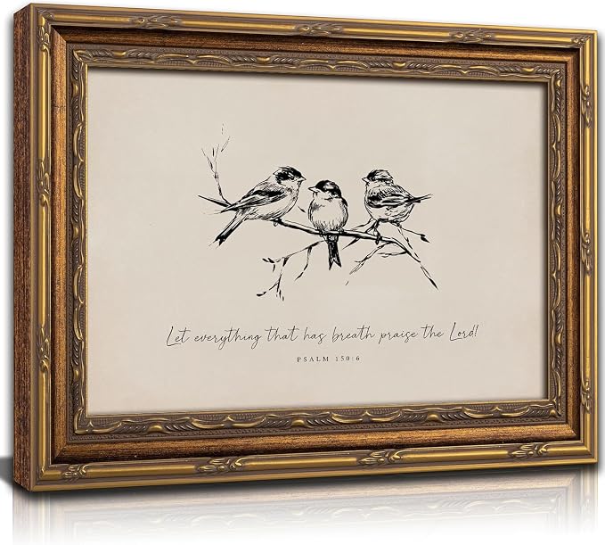 Vintage Gold Framed Bird Wall Art, Christian Bible Verse, 16 x 24 in | Sketch bird canvas with Christian scripture and vintage gold frame for living rooms, bedrooms, hallways, or prayer spaces.