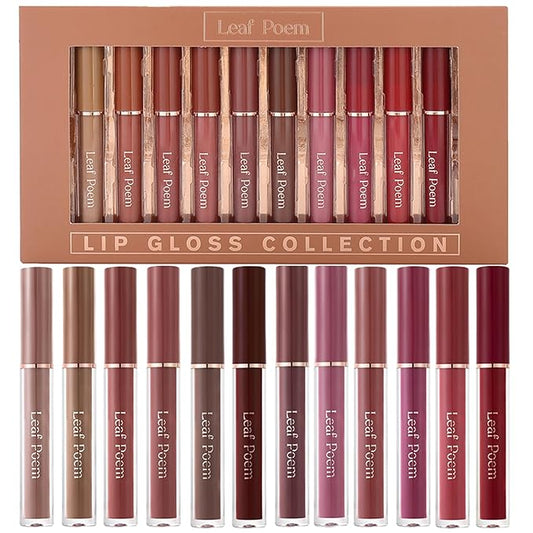 Lip Gloss Set with Glossy and Soft Brush Non-Sticky Moisturizing Lipgloss for Women Lip Makeup Collection (12 Pcs)