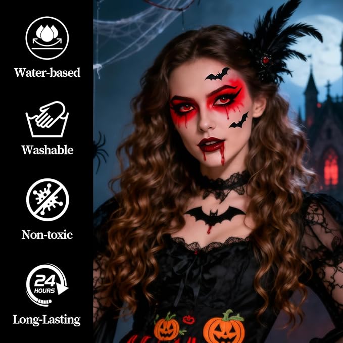 Halloween Makeup Kit for Demon, Water-Based Non-Toxic Face Paint Set with Red Face Body Paint, Red Horn Headband, for Halloween Devil Cosplay SFX Makeup, Theme Parties, Theatre