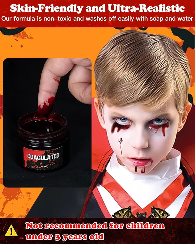 3PCS Halloween Fake Blood Makeup Kit 5.04oz - 2.04oz Fake Blood Spray, 2.04oz Dripping Blood, 1.36oz Coagulated Gel Blood, Realistic Washable Fake Blood Makeup for Zombie Vampire Clown Monster Cosplay