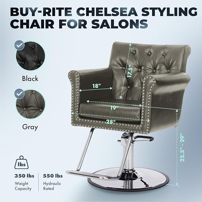 Buy-Rite Chelsea Styling Chair for Salons – Gray Tufted Back, Brass Nailhead Trim, Steel Hydraulic Pump, 3.5” Removable Seat Cushion, Padded Arms, Vinyl Upholstery – NIN-9902