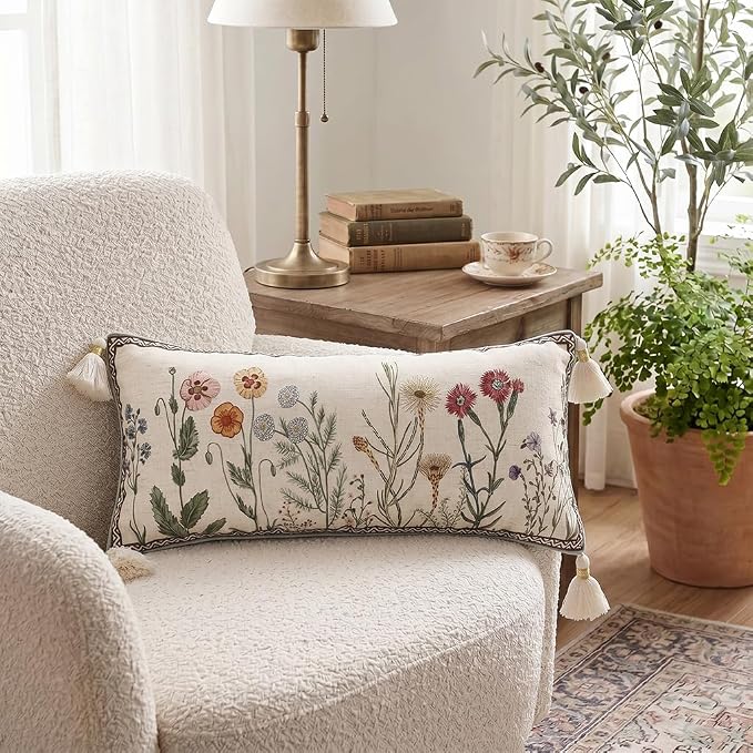 Designer Linen Throw Pillow Cover,Set of 2,28"x12"-Serenity D | French Elegant Rectangle Decor Pillow Cover,Concealed Zipper Design,Light Beige,Sofa,Bedroom,Living Room,Chairs