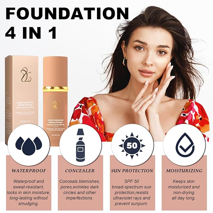 2 Pcs 4-in-1 Color Changing Foundation,Foundation for Mature Skin,Waterproof and Sunproof, Long-Lasting & Hydrating Concealer for Flawless Skin-All Skin Types