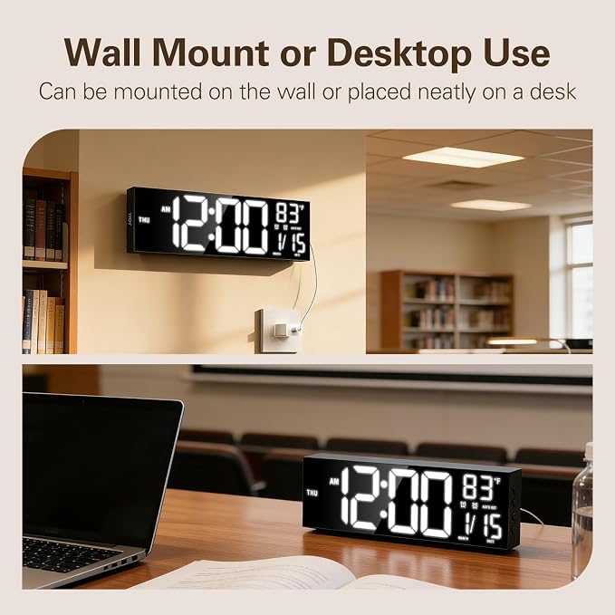 JALL 16" Large Digital Wall Clock with RGB Colors, Wall Clock for Living Room Classroom, Digital Clock with Temperature Timer, Classroom Decor for Teacher and School (Black, 16 inches)