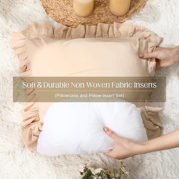 8 Packs Neutral Color Ruffle Pillow Covers with Inserts 18 x 18 Inches Soft Cotton Ruffle Pillowcase Rustic Boho Farmhouse Modern Home Decor for Bed Sofa Living Room Couch