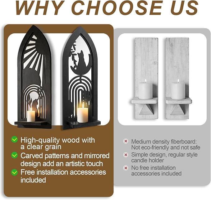 ZEXUIRU 2 Set Rustic Candle Sconces Living Room Bedroom Entryway Wood Mirrored, Farmhouse, Carved Frame Wall-Mount Wooden Candle Holders Wall Decor Hanging Handmade Holder - Black