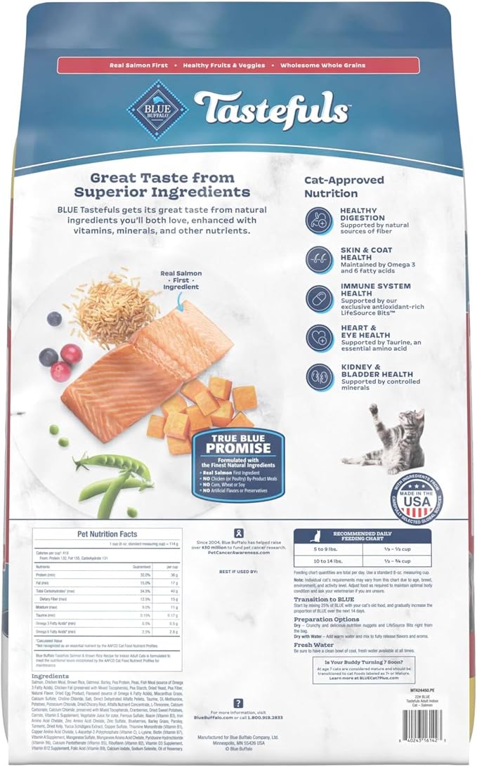 Blue Buffalo Tastefuls Salmon Adult Indoor Dry Cat Food, 22 lb | Salmon & Brown Rice Recipe, Antioxidant-Rich LifeSource Bits, No Corn, Wheat, or Soy