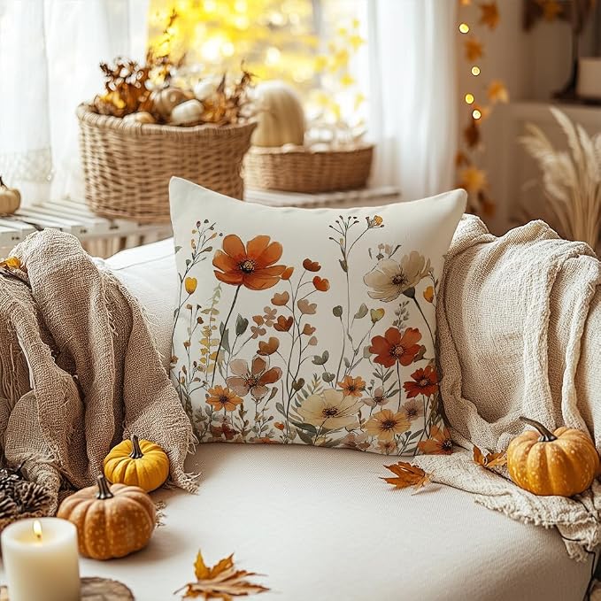 AACORS Fall Pillow Cover 16x16 Inch Floral Decoration Pillow Case Autumn Seasonal Decor for Home Sofa Couch AA730-16