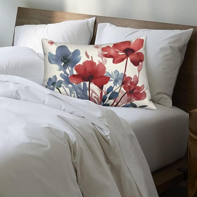 Floral Pillow Covers 12x20 Inches Set of 2 Independence Day Blue Red Floral Throw Pillow Covers Outdoor Spring Summer Flower Pillowcase Farmhouse Decorative Lumbar Cushion Cover for Home Sofa