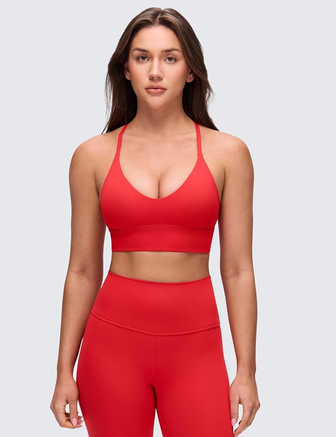 CRZ YOGA Butterluxe Thin Straps Cross Back Longline Sports Bras for Women - Padded V Neck Yoga Crop Top