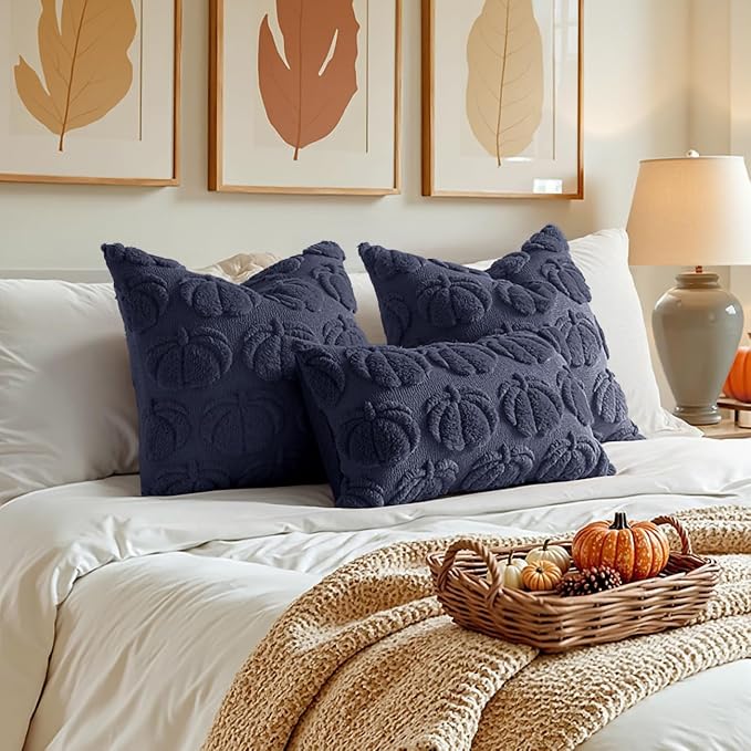MIULEE Fall Pillow Covers Pumpkin Fall Decor 18x18 Navy Blue | Set of 2 Fall Decorations for Home, Plush Faux Fur Farmhouse Accent Pillowcases, Porch Sofa Couch Cushion Bed Livingroom