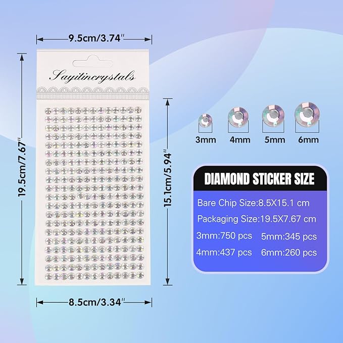 8 Sheets Rhinestone Stickers，3584 Pcs Gem Stickers for DIY Face Eyes Makeup Hair（AB White-3/4/5/6mm）