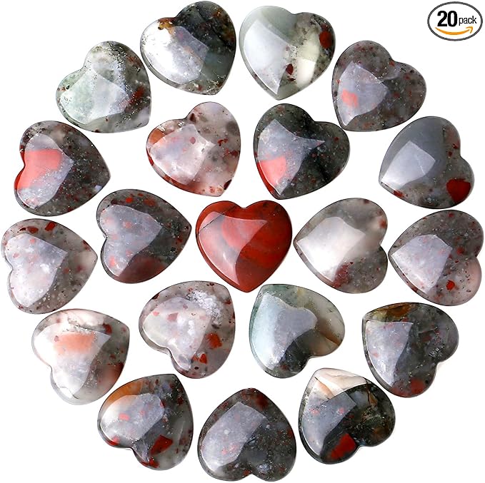 QINJIEJIE 20PCS African Bloodstone Heart Stones Crystals Bulk Love Shaped Worry Stone Heart Rock Pocket Polished Palm Gems Crystal Reiki Balancing Wholesale Carved Stone Decor Gift