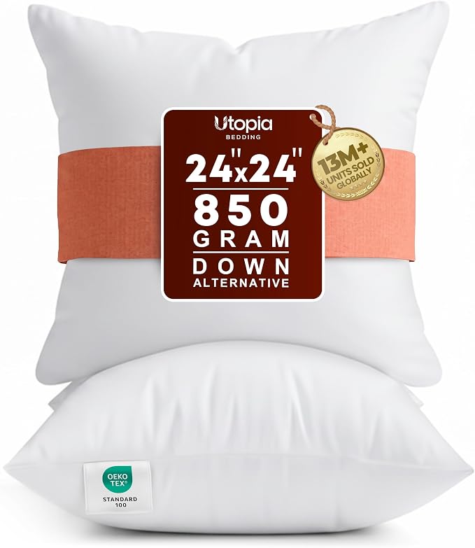 Utopia Bedding 24x24 Pillow Inserts, White Throw Pillows for Couch, 2 Pack | Indoor cushion inserts for bed, sofa & couch, Supportive & fluffy decorative pillows for everyday comfort, Set of 2, White