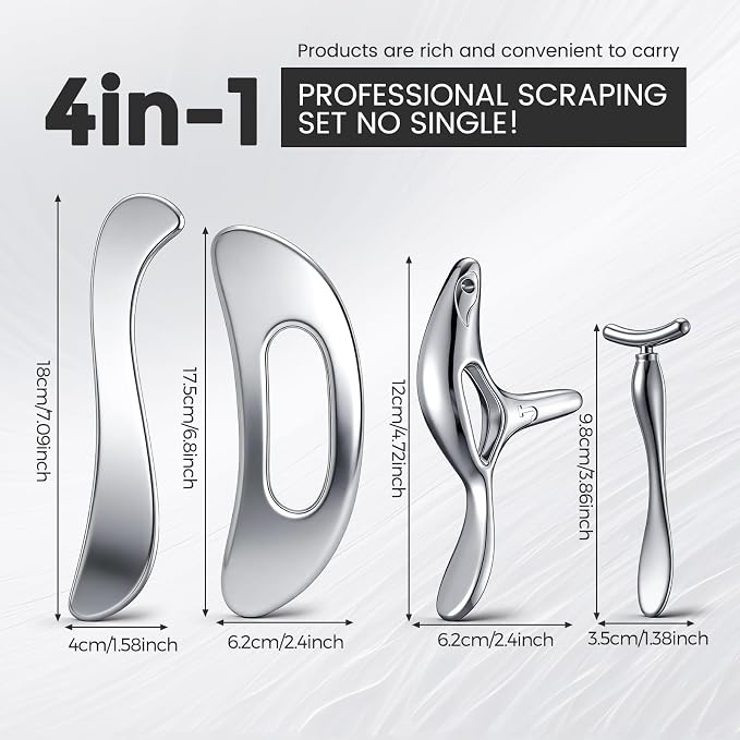 Outus 4 in 1 Stainless Steel Gua Sha Fascia Tool Set, Muscle Scraper Massage Tools for Back, Legs, Arm, Neck & Face, Soft Tissue Relaxation, Self Care Gift for Wedding, Women & Sports Enthusiasts