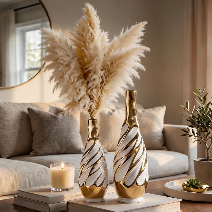 Yundu Gold with White Vase Set of 2 | Pampas Grass Vase, Ceramic, Boho & Modern Centerpieces, Living Room, Shelf, Coffee, Home Decor