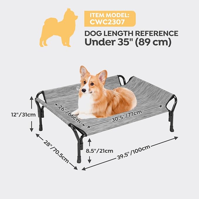Veehoo Cooling Elevated Dog Bed, Raised Dog Cot with Guardrail & Headrest | Washable Dog Couch Bed for Indoor & Outdoor, Durable Breathable Teslin Mesh, Non-Slip Feet, Medium, 39.5" x 28", Black Silver