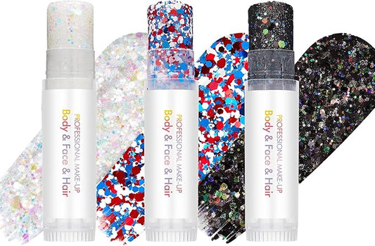 3PCS Body Glitter Stick,Face Hair Glitter Makeup,Music Festival Concert Outfit Rave Pride Accessories for Women,Mermaid Sequins Chunky Glitter Face Paint,Hair Glitter Gel for Kids