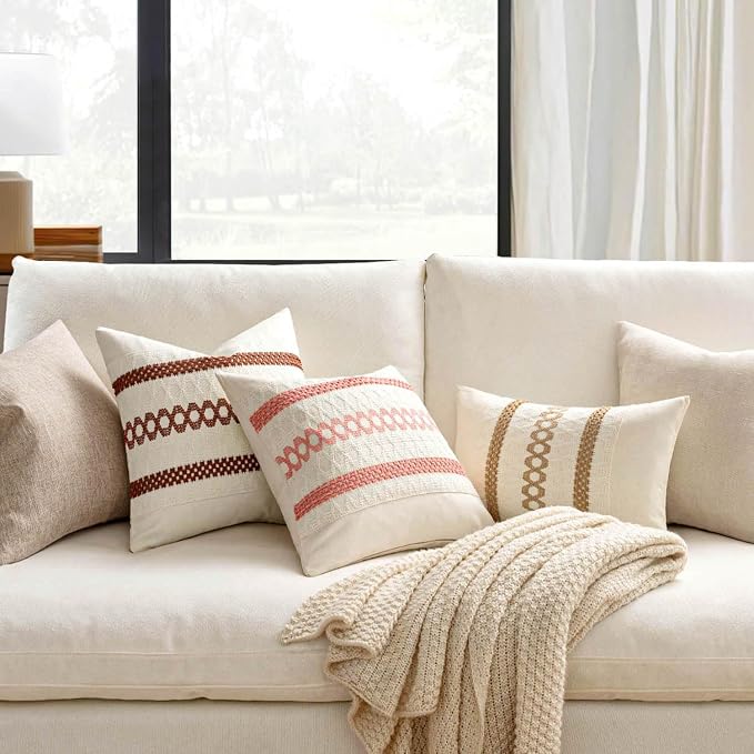 MIULEE Set of 2 Neutral Boho Decorative Pillow Covers 18x18 Inch | Farmhouse Couch Throw Pillows, Modern Spring Cotton Cushion Covers, Macrame Woven Home Decor for Bed Sofa Chair