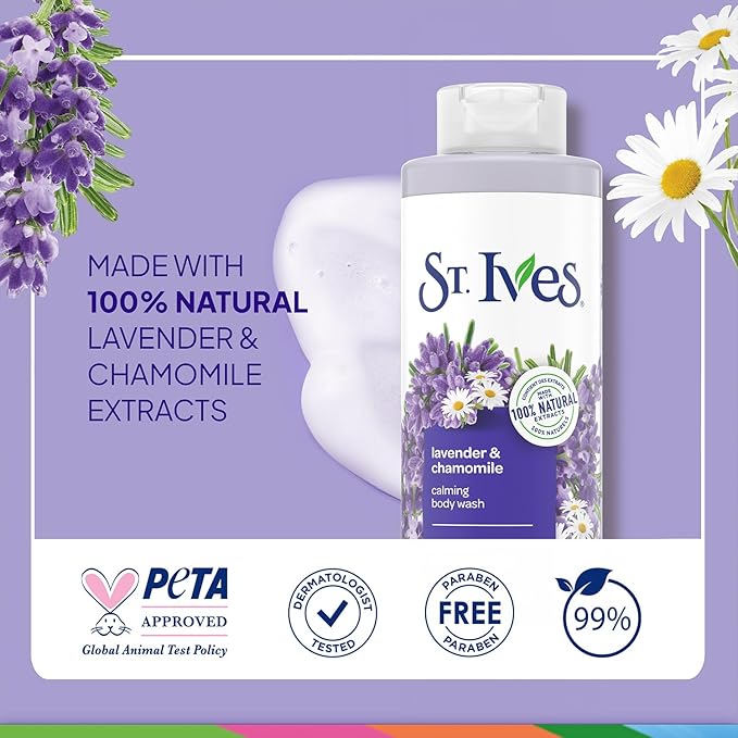St. Ives Body Wash, Lavender & Chamomile Calming Shower Gel 2-Pack, 100% Natural Extracts, Cruelty-Free, 22 Oz Ea