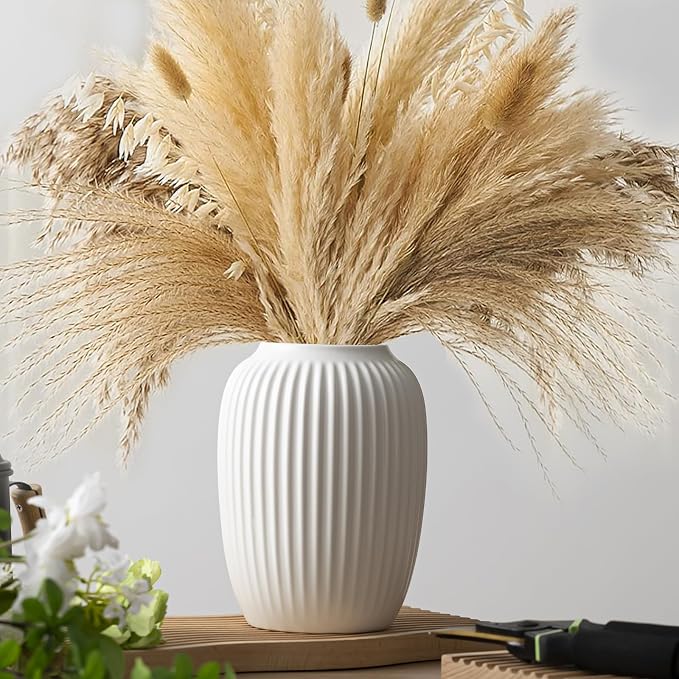 White Ceramic Vase for Modern Home Decor, Minimalistic Nordic Boho Matte Vase for Decorating Farmhouse Central Location, Perfect for Wedding Table Living Room Office Bedroom Kitchen Gift