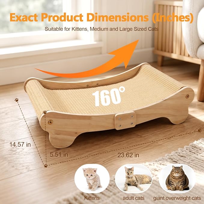 Large Sisal Cat Scratcher Bed Wooden Scratching Pad for Indoor Large Cats | 2-in-1 beech wood scratcher bed with thick woven sisal. Cats scratch & relax, large size shields furniture from scratches.