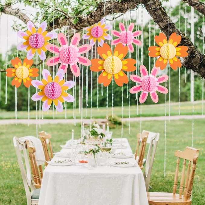 SUNBEAUTY 9 PCS Pastel Flower Party Decorations Hanging Paper Flowers Honeycomb for Women Birthday Spring Easter Wedding Garden Tea Party Baby Shower