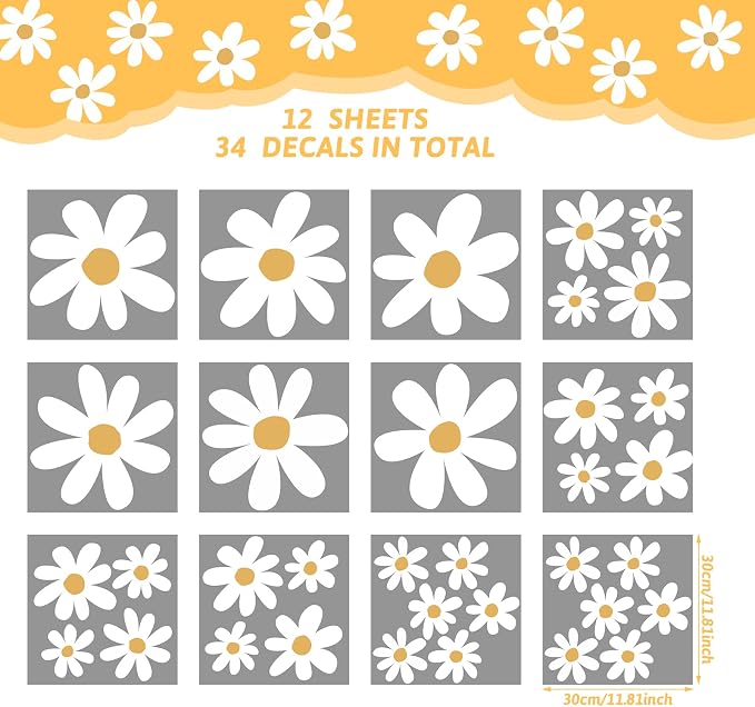 TaoBary 12 Sheet Daisy Wall Sticker Decal,White, Yellow,Cute Style | Big Flower Wall Sticker, Pink White Floral Decal, Daisy Bedroom Room Decor, Removable Peel and Stick, Nursery Home Wall Decor