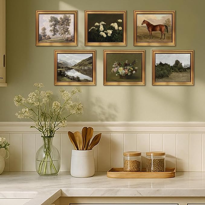 Mynotix Vintage Poster Set of 6, Rustic Eclectic Wall Art, Horse Floral Wall Decor Botanical Mountain Range Canvas Paintings Prints Artwork for Living Room Bedroom Farmhouse 8x10 inch Unframed