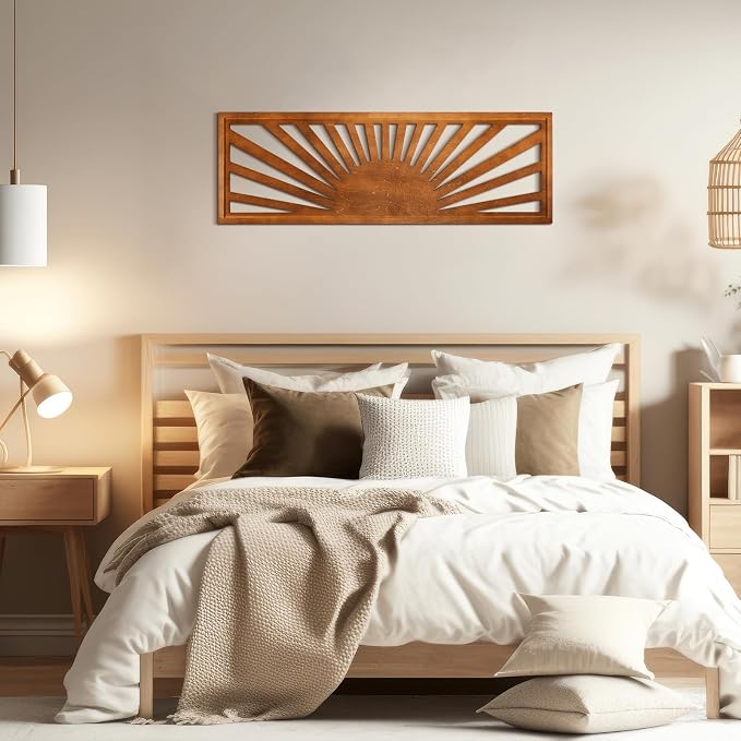 Burbell Horizontal Sun Wall Art 35"x12" Boho Wooden Room Decor,Dark Brown | Long Panoramic Sun Art Above Bed, Vintage Bohemian Design, Carved Hollow Frame, Farmhouse Decor for Living Room Bedroom