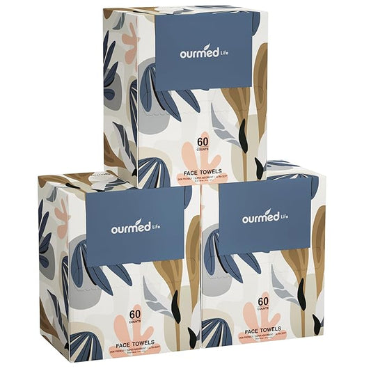 Ourmed Life Face Towels, Disposable Biodegradable Facial Towels for Sensitive Skin, Lint- free Facial Wipes for Washing Face, Skincare and Makeup Remover, Dry Wipes, 10"×7.9" Extra Large, 180 Count